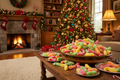 can you make me a Christmas scene, with a table in the front and center of the Christmas room. on the room , can you put a bunch of gummy worms after going through the freeze drying process