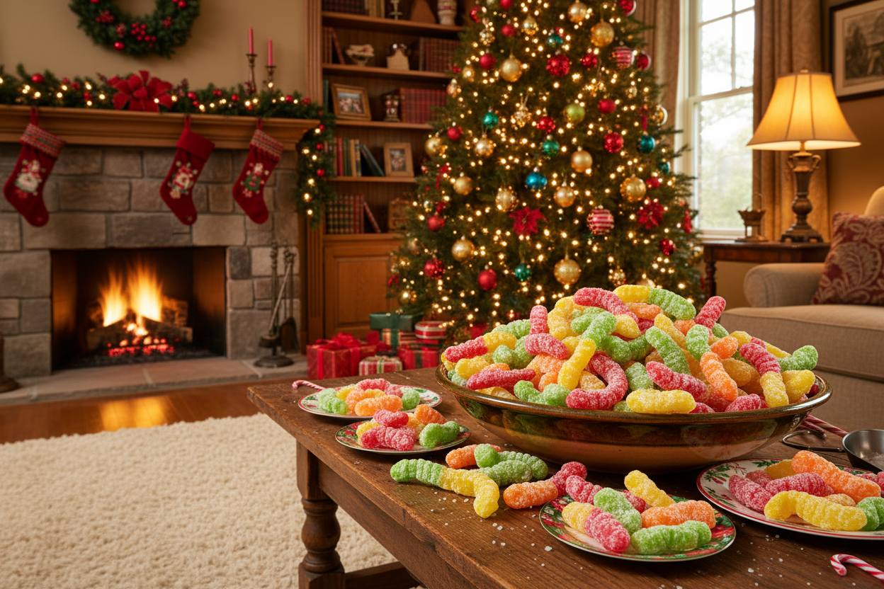 can you make me a Christmas scene, with a table in the front and center of the Christmas room. on the room , can you put a bunch of gummy worms after going through the freeze drying process